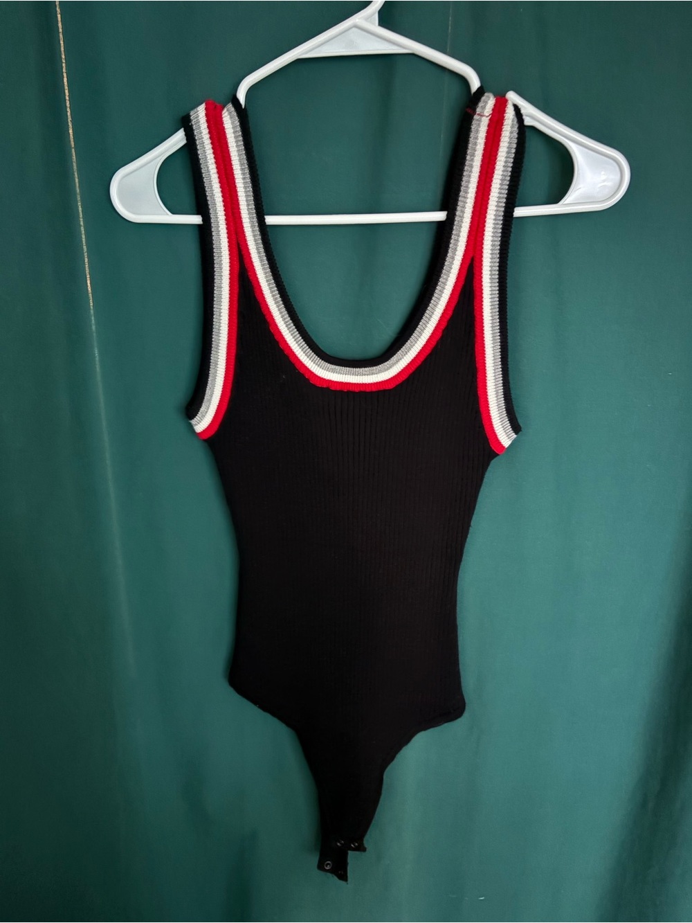 Kendall & Kylie Black Ribbed Bodysuit with Red and White Trim